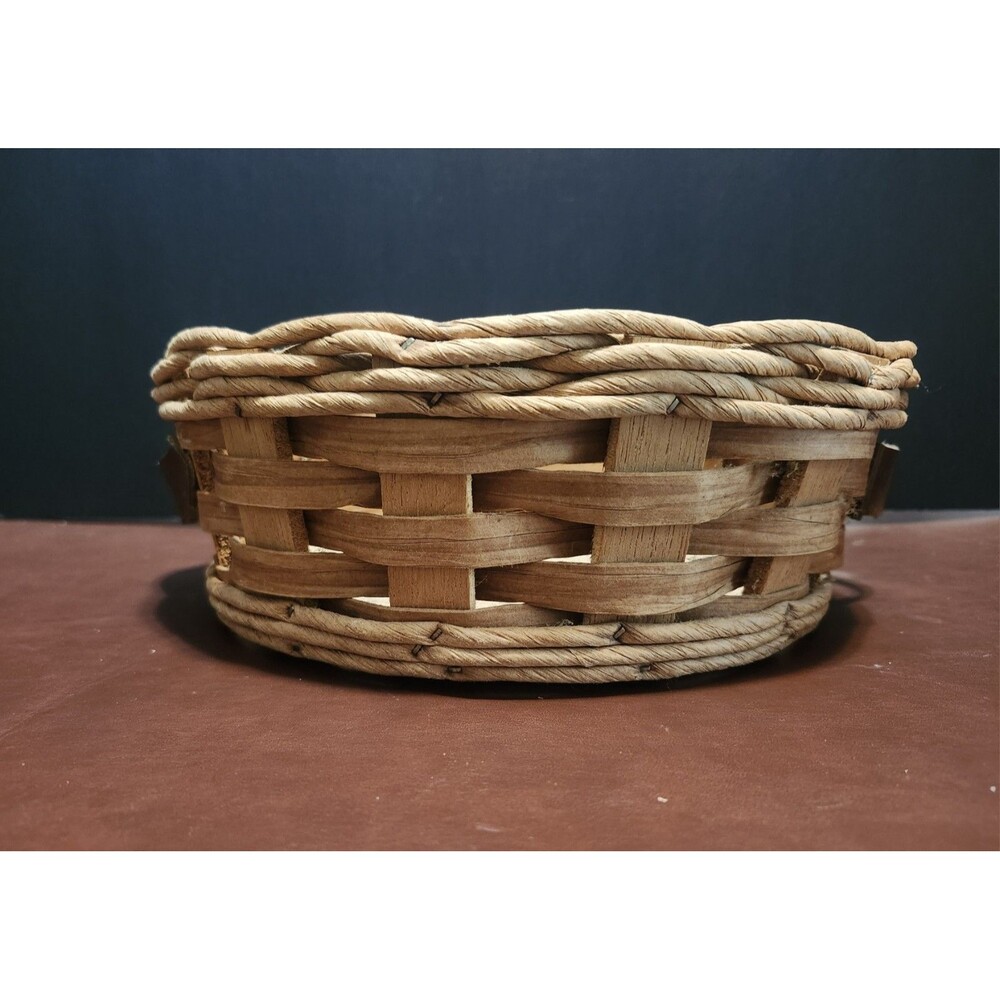 PYREX Vintage Woven Round Storage Basket w/ Leather Handle, Brown Tan